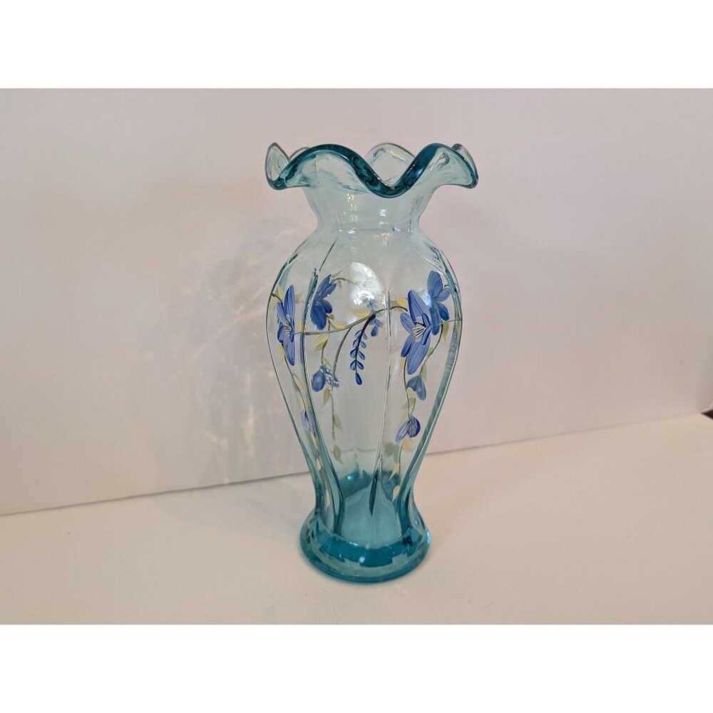 Fenton Hand-Painted Blue Floral Glass Vase With Ruffled Edge